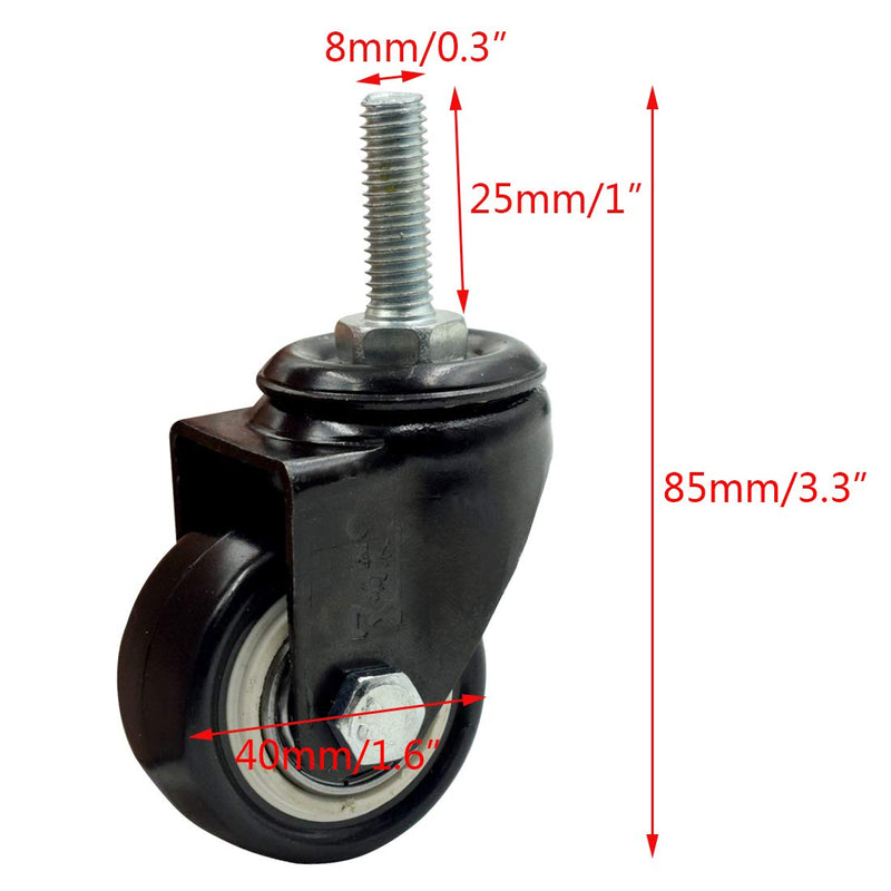  [AUSTRALIA] - Hxchen 4Pcs 1.5 Inch Heavy Duty Caster Wheels Swivel Casters with M8 Threaded Stem (Without Brake), Loading 50kg/110lbs Black Rubber 1.5 Inch & M8 Threaded Stem (Without Brake)