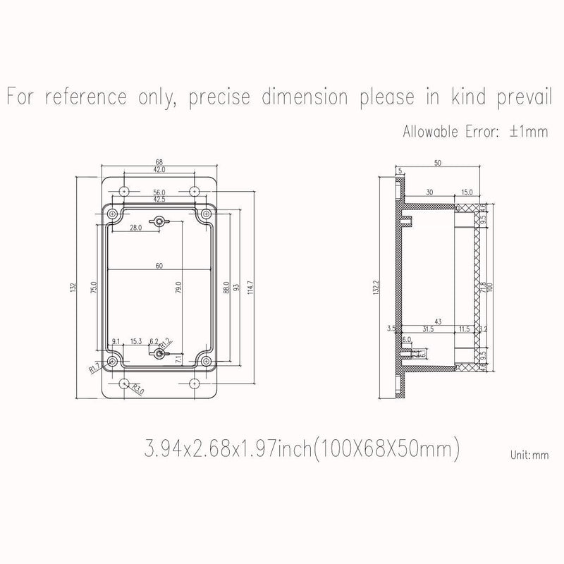  [AUSTRALIA] - Zulkit Junction Box ABS Plastic Dustproof Waterproof IP65 Universal Electrical Boxes Project Enclosure with Fixed Ear Black 3.9 x 2.68 x 1.97 inch (100 x 68 x 50 mm) 3.94" x 2.68" x 1.97"(Pack of 1)