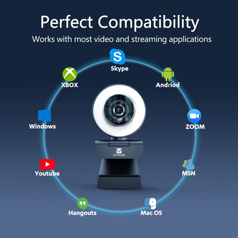  [AUSTRALIA] - Streaming Webcam with Adjustable Ring Light,Vitade Full HD 1080P Webcam with Dual Microphones and Advanced Auto-Focus,Pro Web Camera for Online Learning, Zoom Meeting Skype Teams, Gaming Laptop