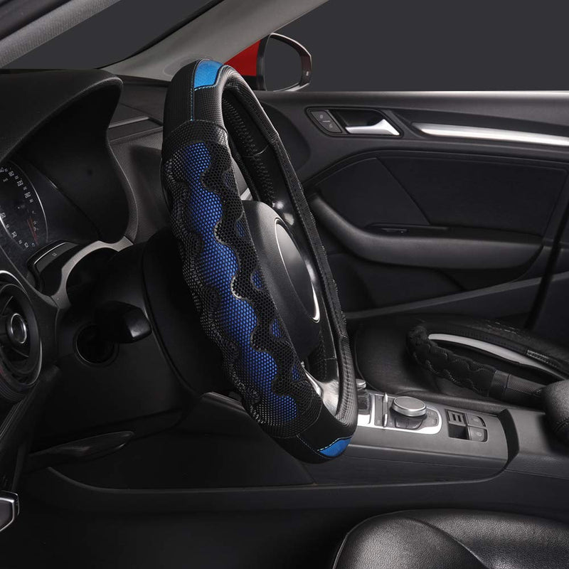  [AUSTRALIA] - TOYOUN Car Steering Wheel Cover Pu Leather Universal Fit 14.5 to15 inch PE Gel Massage Side Sport Grip Honeycomb Design Breathable Antiskid Sporty Racing Style Auto Steering Wheel Cover, Blue