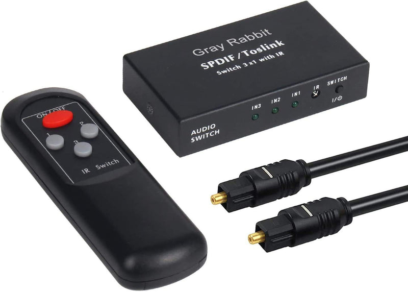  [AUSTRALIA] - Grayrabbit 3 Port Optical Switcher Splitter 3 in 1 Out, with 2 Way Spdif Toslink Optical Splitter/IR Remote Control Optical Switcher Splitter, 3 Port Spdif Toslink Optical Switch
