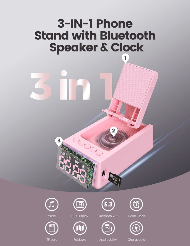  [AUSTRALIA] - Gifts for Him, Her, Cell Phone Stand Bluetooth Speakers, Cool Tech Kitchen Gadgets, Adjustable Phone Holder with LCD Digital Alarm Clock, HD Surround Sound, Birthday for Men Women Dad Who Want Nothing Pink