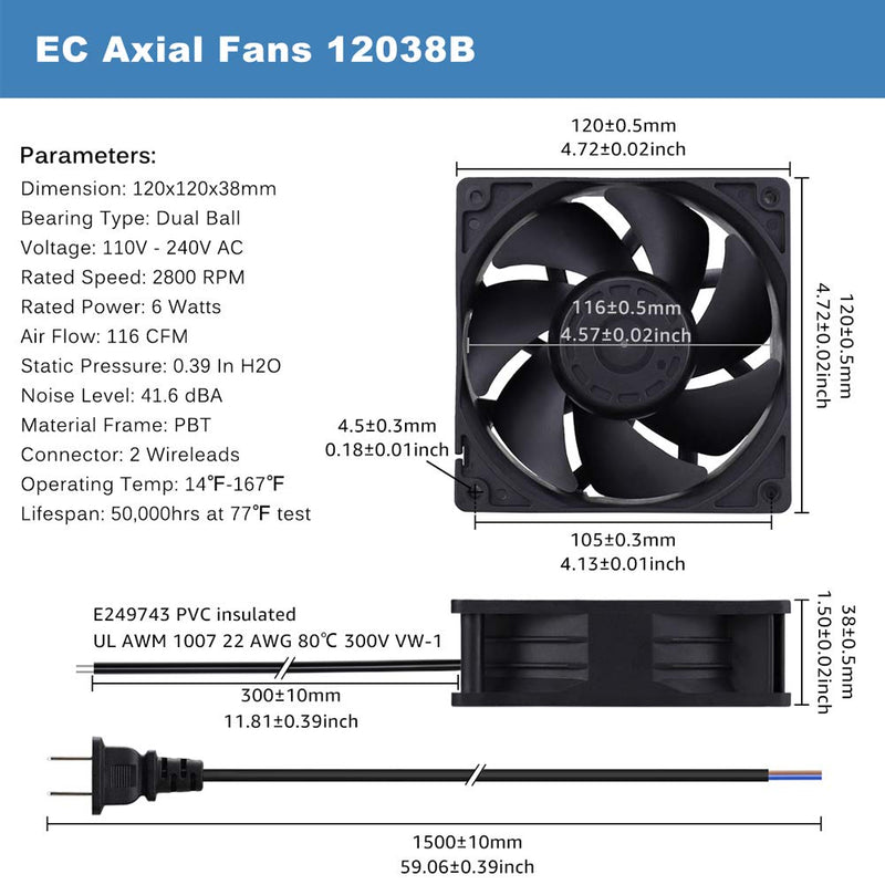  [AUSTRALIA] - GDSTIME EC Cooling Fan, 120mm Fan, 120mm 38mm AC 110V 115V 120V 220V 240V, Dual Ball Bearing