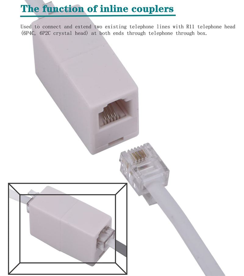  [AUSTRALIA] - Phone Extension Cord50Ft, Phone Cord ，Telephone Cable with Standard RJ11Plug and 2 in-Line Couplers and 20 Cable Clip Holders, White (White, 50 Feet)