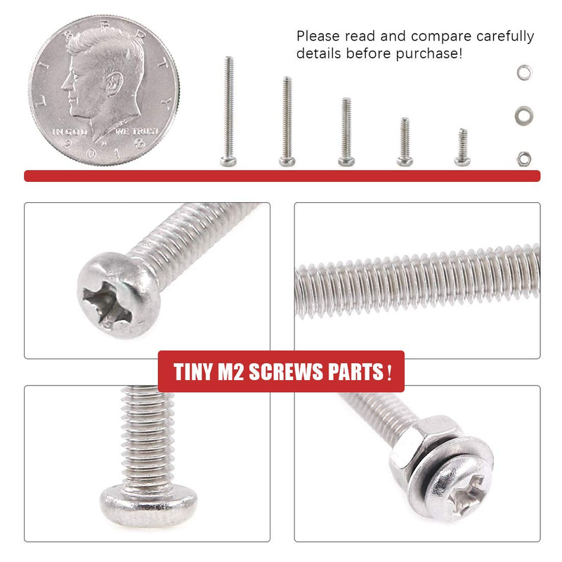  [AUSTRALIA] - Hilitchi 300-Piece M2 Phillips Pan Head Screws Bolt Nut Lock Flat Washers Assortment Kit, 304 Stainless Steel