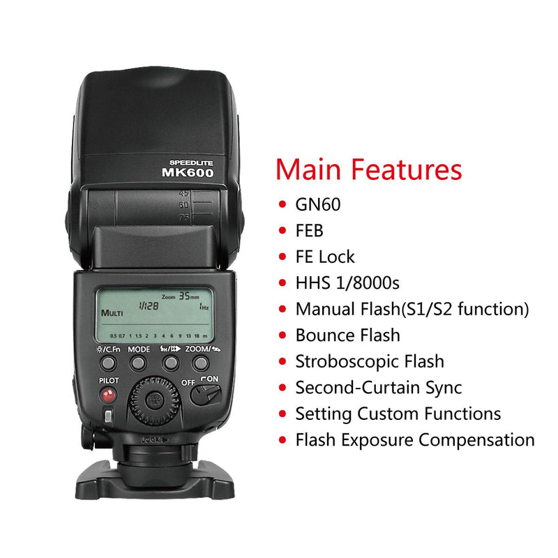  [AUSTRALIA] - Meike MK600 High Speed Sync TTL Speedlight Camera Flash Compatible with DSLR Cameras 1300D 70D 6D 5DII 5DIII 7D 60D 550D 600D 650D 800D 4000D,etc