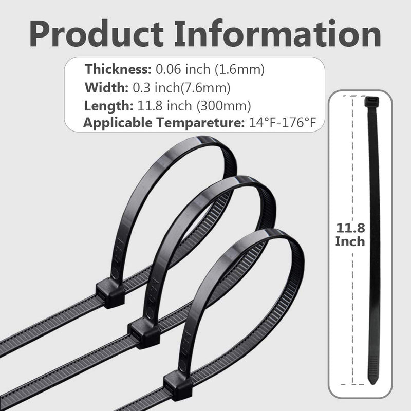  [AUSTRALIA] - Zip Ties Heavy Duty 12 Inch Actual 11.8 Inch Cable Ties Black Zip Tie 200 Packs Wire Ties 120LB Tensile Strength UV Resistant PA66 Nylon Zipties 0.3 inch Wide and 0.06 Inch Thick
