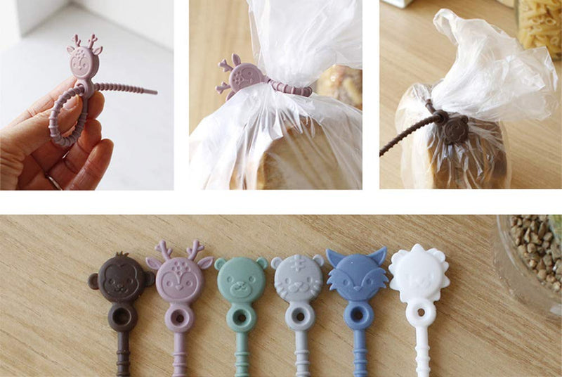  [AUSTRALIA] - Animal Design Multi-Purpose Silicone Ties Bag Clip Cable Strap Bread Tie Reusable Twist Tie 6 pcs