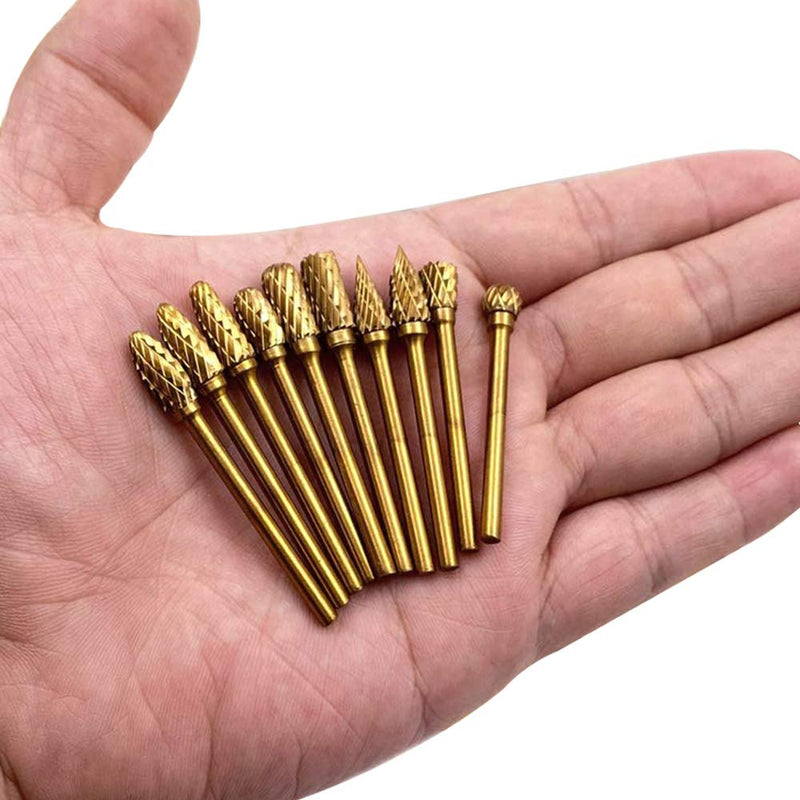 Mesee 10Pcs Double Cut Titanium Carbide Rotary Burr Set, 1/8"(3mm) Shank and 1/4"(6 mm) Head SizeTungsten Die Grinder Bits for Woodworking, Carving, Polishing, Engraving, Drilling - LeoForward Australia