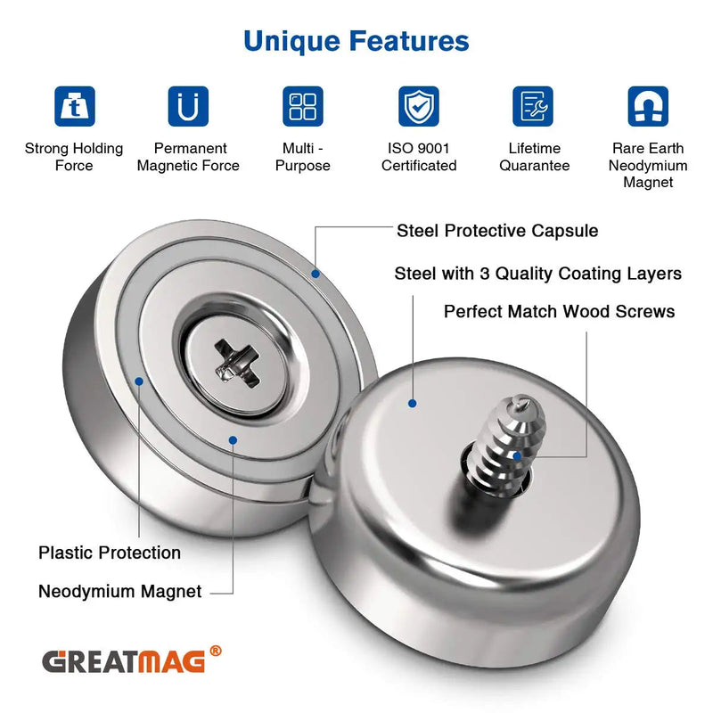  [AUSTRALIA] - GREATMAG Cup Magnets with Countersunk Hole, Magnet with Screw, Industrial Strength Round Base Magnets, 60 lbs Holding Force, Pack of 12