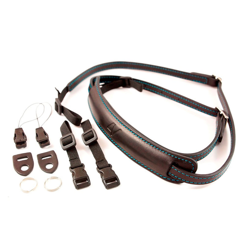  [AUSTRALIA] - 4V Design Lusso Tuscany Leather Slim Handmade Leather Camera Strap w/Universal Fit Kit, Black/Cyan (2SP01BVV0930) Black/ Cyan