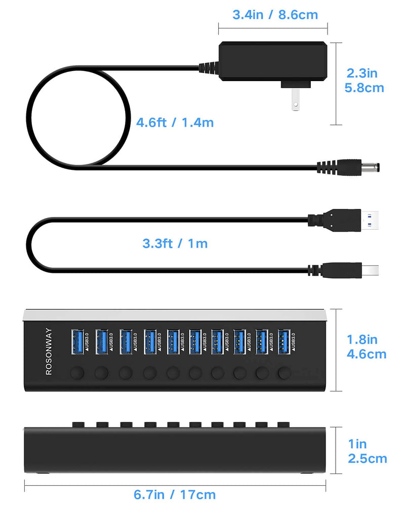 Powered USB Hub, Rosonway Aluminum 10 Port USB 3.0 Data Hub with 36W (12V/3A) Power Adapter and Individual On/Off Switches USB Splitter(RSH-A10) - LeoForward Australia