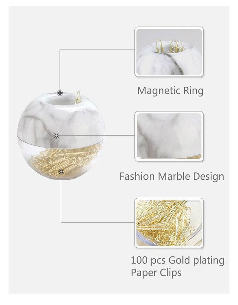  [AUSTRALIA] - MultiBey Gold Paper Clips in Elegant Magnetic Marble White Clip Holder, 28mm, 100 Clips per Box