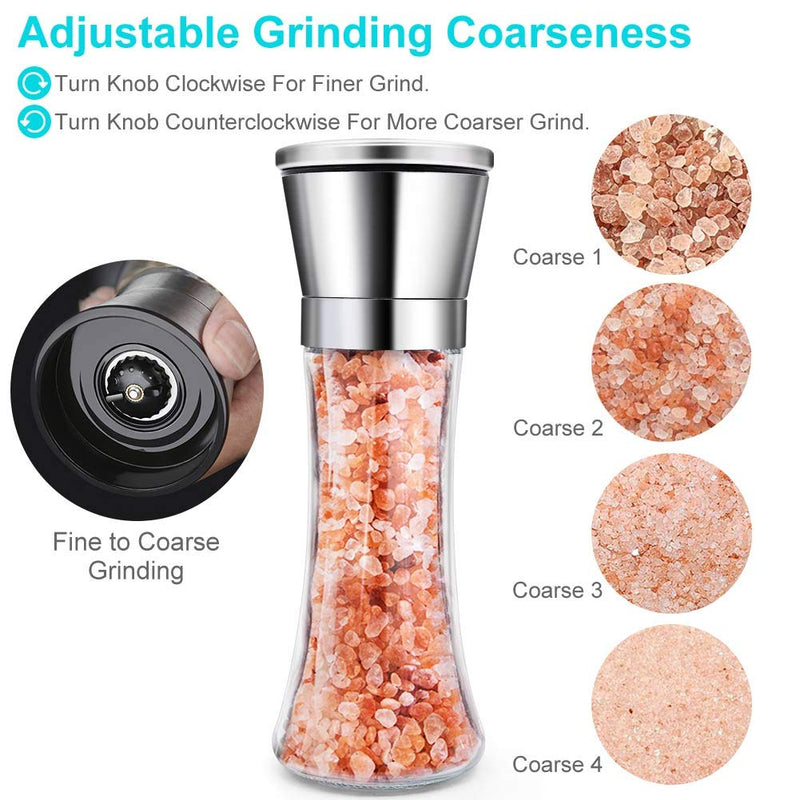  [AUSTRALIA] - Salt and Pepper Grinder (Set of 2), Adjustable Ceramic & Stainless Steel Mill Set, Glass Body Refillable Mill Shakers - Easy Clean Grinders with Silicon Funnel and Cleaning Brush