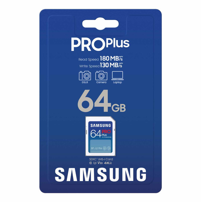  [AUSTRALIA] - SAMSUNG PRO Plus Full Size 64GB SDXC Memory Card, Up to 180 MB/s, Full HD & 4K UHD, UHS-I, C10, U3, V30 for DSLR, Mirrorless Cameras, PCs, MB-SD64S/AM, 2023 New Full Size SD PRO Plus Read/Write 180/130MB/s