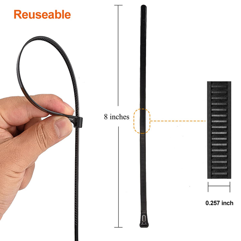  [AUSTRALIA] - Zip Ties Reusable Wraps Cable Tie Releasable 100 Pack Heavy Duty Flexible Adjustable Soft Twist Ties 8 Inch Durable Nylon Non Slip Off Indoor Outdoor Black