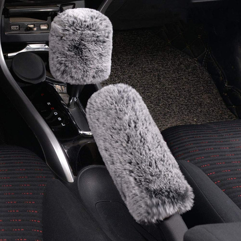  [AUSTRALIA] - SHIAWASENA Warm Faux Wool Steering Wheel Cover with Handbrake Cover & Gear Shift Cover 3 Pcs Set (Black&Gray) Black&Gray