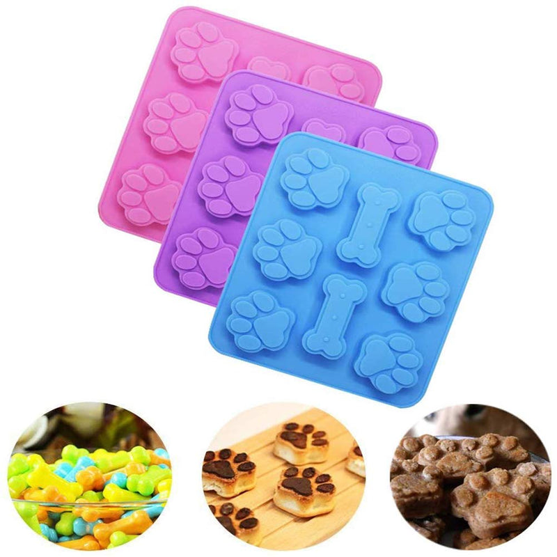  [AUSTRALIA] - CKANDAY 3 Pack Silicone Puppy Paw Print & Dog Bone Shaped Chocolate Molds(2 in 1),with 2 Graduated Clear Liquid Droppers,8-Cavity, Reusable Ice Trays Baking Cookies Candy Moulds-Pink, Blue, Purple