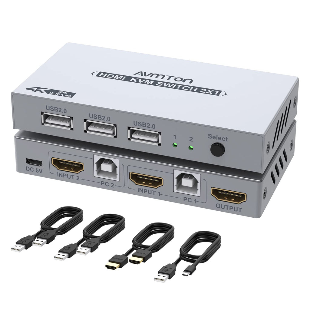  [AUSTRALIA] - AVMTON Metal KVM Switch HDMI 2 Port Box，Share one Keyboard Mouse and one Monitor with Two Computers,Support UHD 4K@30Hz,Wireless Keyboard Mouse Printer USB Disk,with USB Cable and HDMI Cable Silver