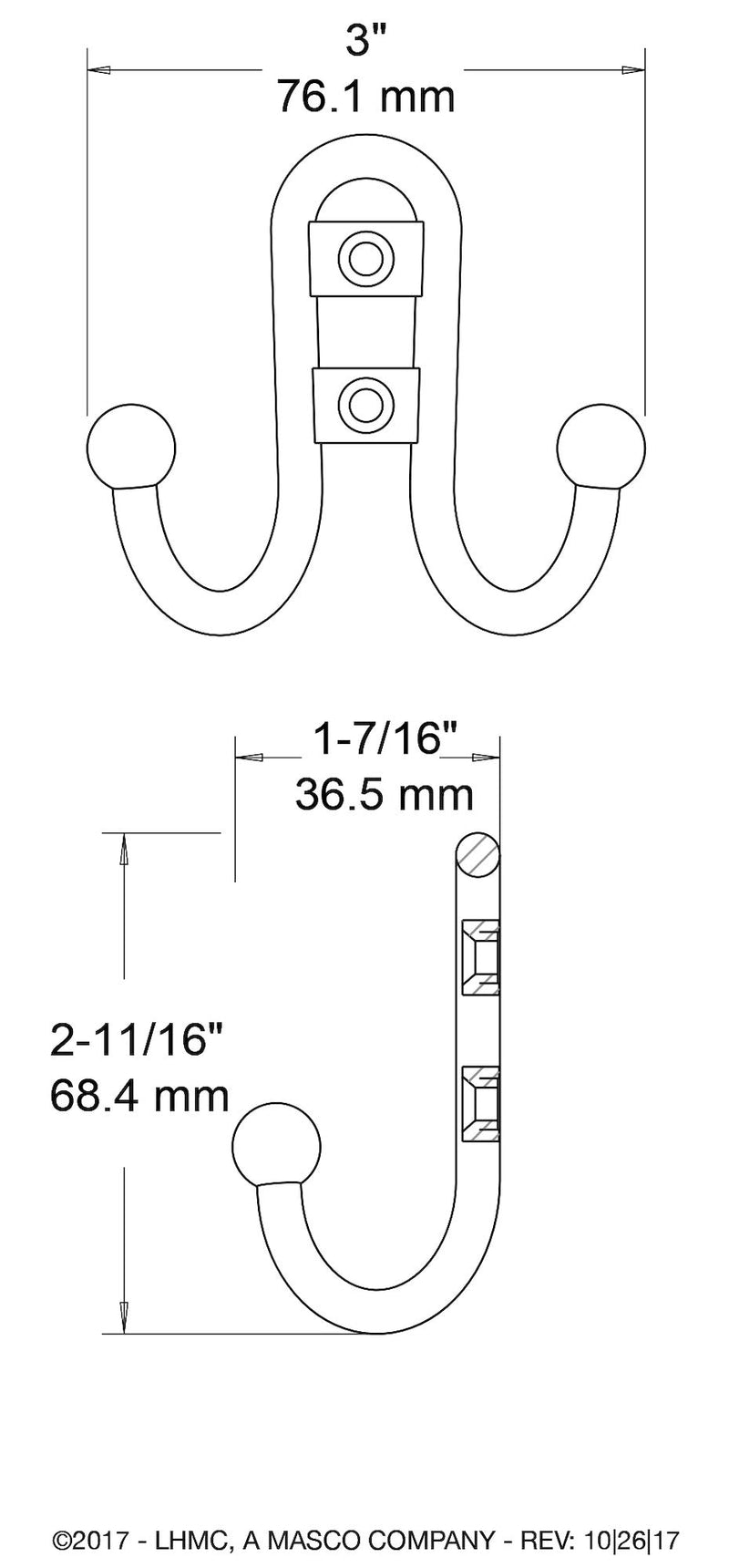 Liberty Hardware B46115Z-SN-C Double Prong Robe Hook with Ball End, Single, Satin Nickel - LeoForward Australia