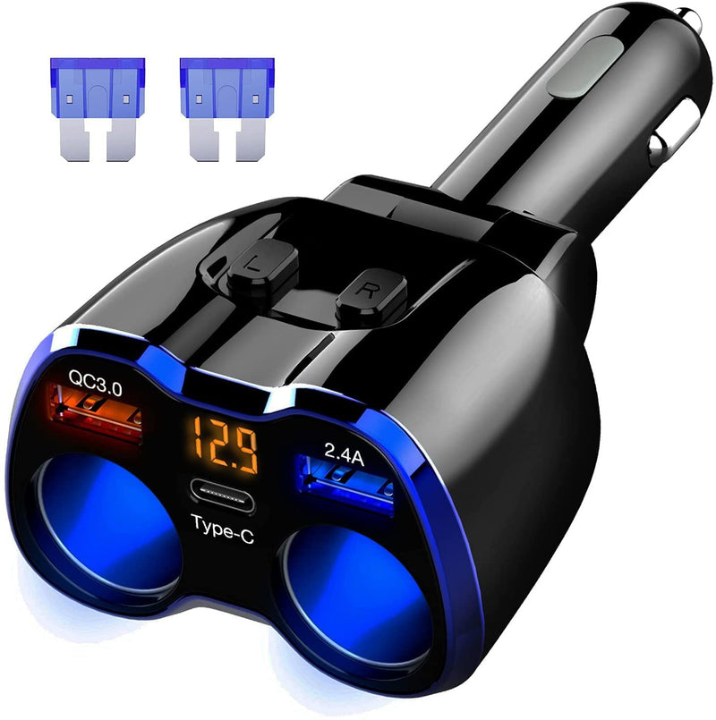  [AUSTRALIA] - Car Charger, 150W 2-Socket Cigarette Lighter Splitter QC 3.0 Dual USB Ports 1 USB C Fast Car Adapter with Separate Switch LED Voltmeter Replaceable 15A Fuse for GPS/Dash Cam/Phone/iPad