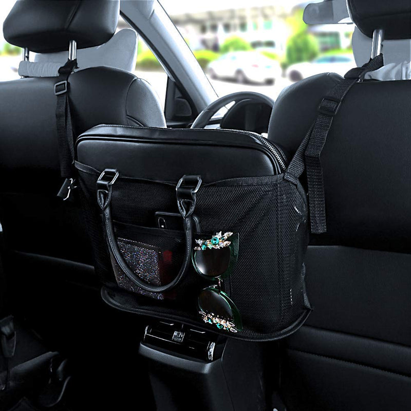  [AUSTRALIA] - eing Handbag Holder,Car Storage for Purse & Pocket for Smaller Items - Helps as Dog Barrier,Driver Storage Netting Pouch with Bag on Back,Black B-Upgrade Black