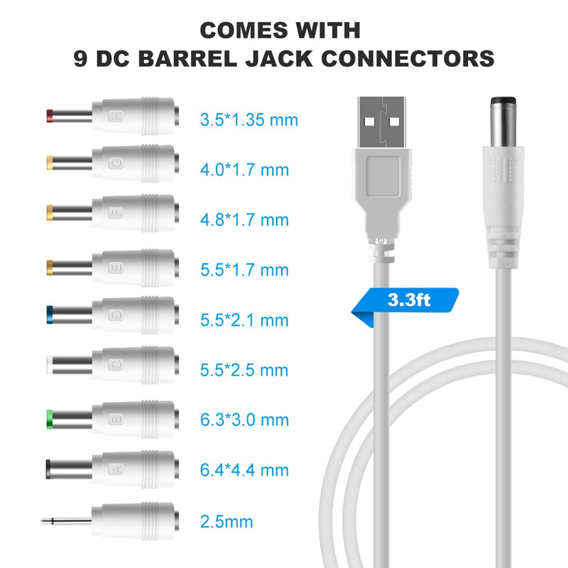  [AUSTRALIA] - LANMU USB to DC Power Cable,Universal 5V DC Jack Charging Cable Power Cord with 9 Interchangeable Plugs Connectors Adapter Compatible with Massage Wand,Router,Speaker and More Devices White