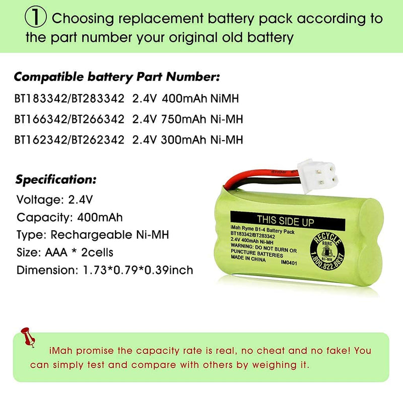  [AUSTRALIA] - iMah BT183342/BT283342 2.4V 400mAh Ni-MH Battery Pack, Also Compatible with AT&T VTech Cordless Phone Batteries BT166342/BT266342 BT162342/BT262342 2SN-AAA40H-S-X2, Pack of 2