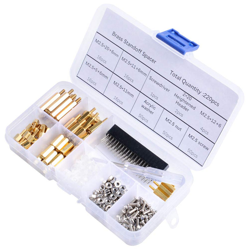  [AUSTRALIA] - GeeekPi 220PCS Standoffs M2.5 Brass Spacer Hex Column Screw Nut Assortment Kit with Box,Male-Female for Raspberry Pi,with Acrylic Washer Screwdriver