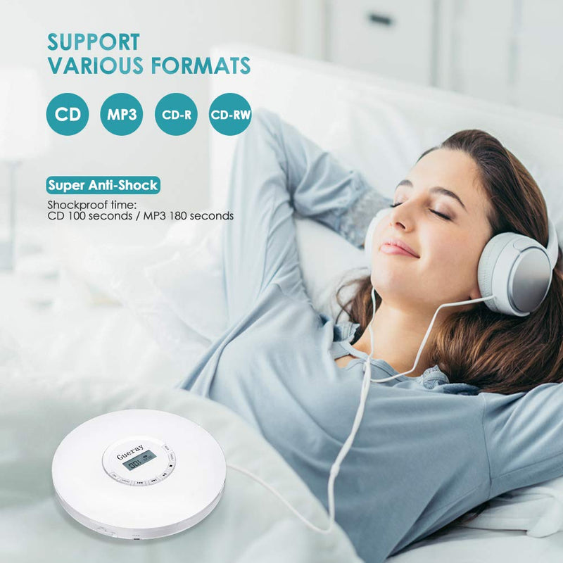 Portable CD Player, Gueray Personal CD Player Built-in 1400mAh Battery Rechargeable Discman Anti-Skip/Shockproof Compact Player Stereo with Headphones Music Disc Walkman Player with LCD Display, White - LeoForward Australia