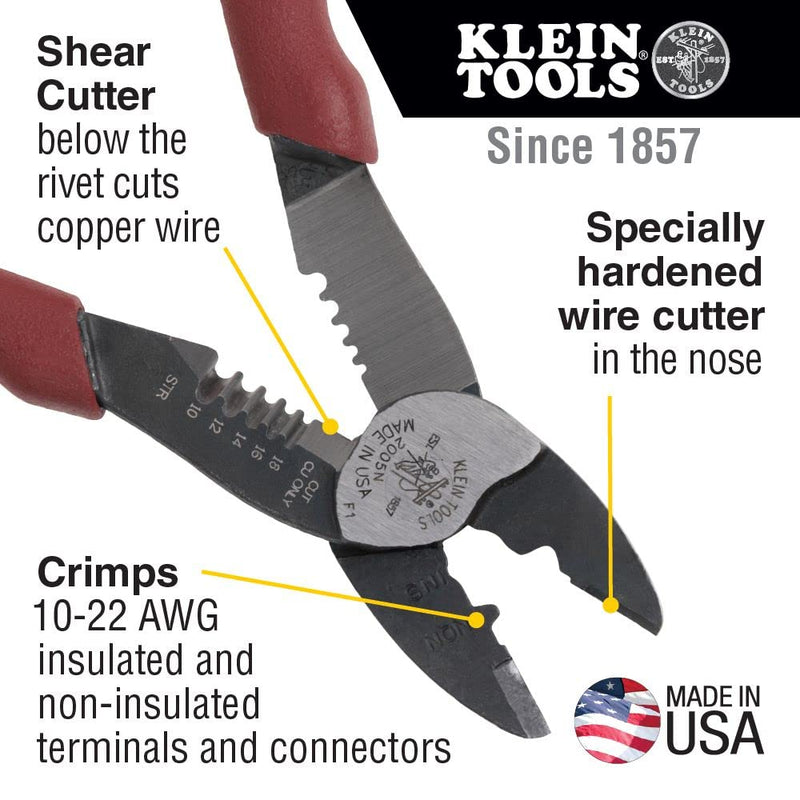  [AUSTRALIA] - Klein Tools 2005N Wire Cutter, Stripper, Crimper Tool, Strips 10-18 AWG Stranded, Crimps 10-22 AWG Terminals, with Shear Cutter