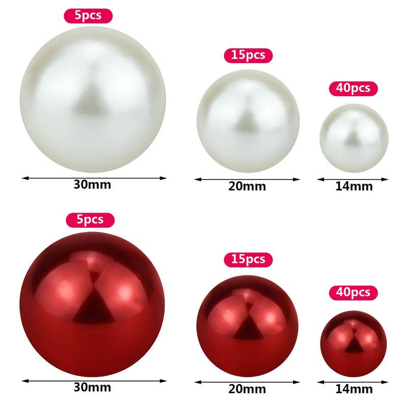  [AUSTRALIA] - yeabwps 120 Pieces Faux Pearl for Vase Filler Round Floating Pearl for Vase Makeup Brushes Holder Wedding, Christmas, Party Home Decor, Creamy White and Bright Red (14/20/ 30 mm)