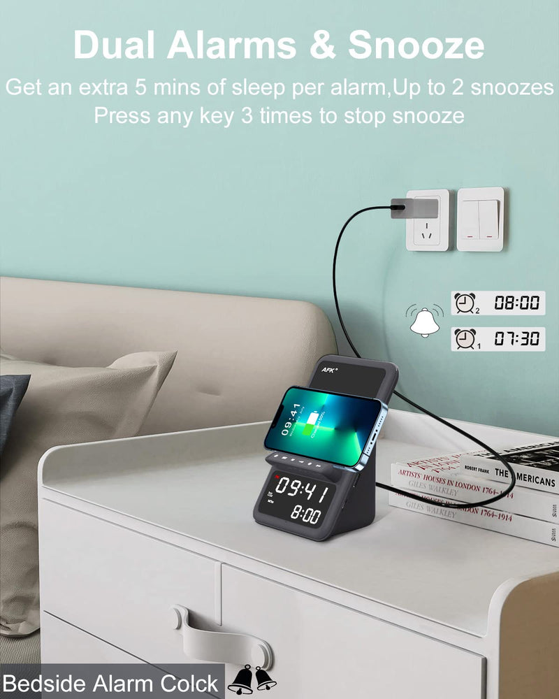  [AUSTRALIA] - Wireless Charger for iPhone/Samsung,AFK 4 in 1 Charging Station with Bluetooth Speaker,Alarm Clock,Hands-Free Calling,Compatible with iPhone 13/12/11/Pro Max/XR/X/8 Plus,Samsung and More(Black) Black-B02