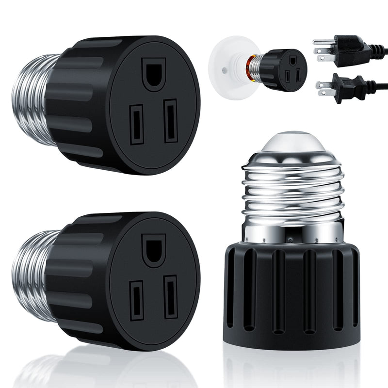  [AUSTRALIA] - 2 Packs ABORNI E26/E27 3 Prong Light Socket to Plug Adapter, Polarized Screw in Outlet for Light Socket Adapter Outlet 3Prong Light Bulb Socket Adapter Fit for 2/3Prong Convert, for Porch Garage,Black
