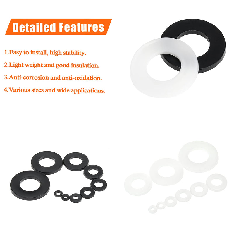  [AUSTRALIA] - HELIFOUNER 1000 Pieces 9 Sizes White/Black Nylon Flat Washers Assortment Kit - M2 M2.5 M3 M4 M5 M6 M8 M10 M12