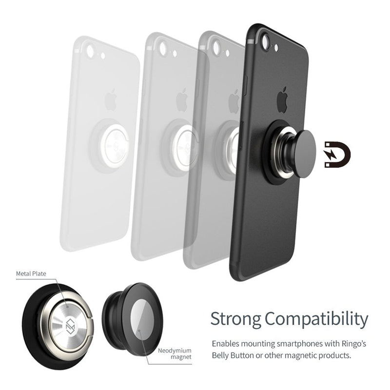  [AUSTRALIA] - Sinjimoru Phone Ring Holder Attachable to Magnet, Kickstand Attachable to Ringo’s Belly Button, Magnetic Car Mount or Phone Mount for iPhone and Android Smartphone. Ringo, Black Ringo Black Adhesive Phone Ring