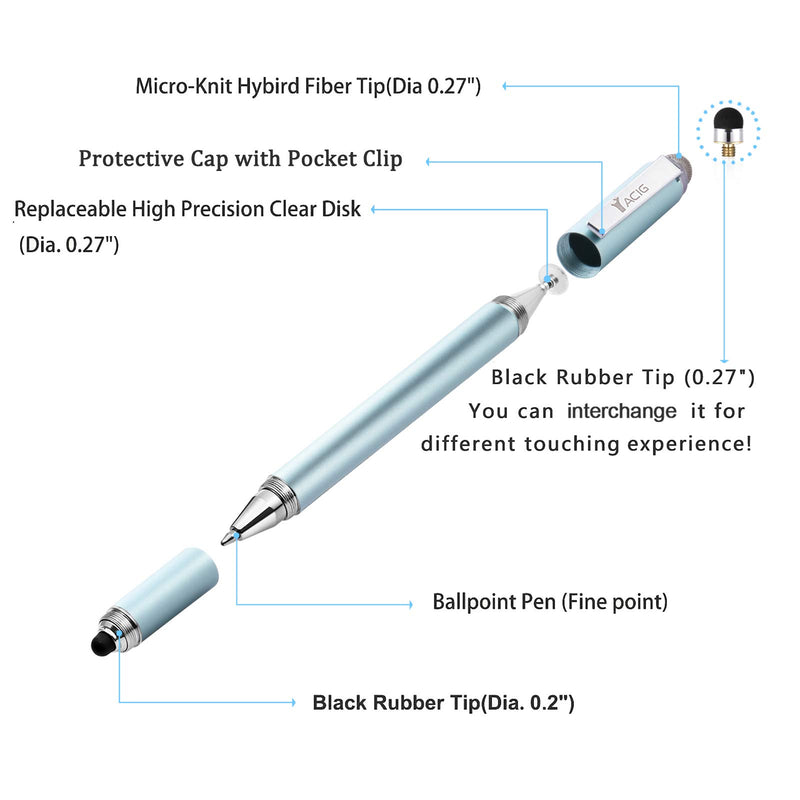 Yacig Capacitive Stylus Pen, 4-in-1 High Sensitivity and Precision Touch Screen Stylus Clear Disc Tip,Black Rubber Tip &Mesh Fiber Tip Compatible with Universal Touch Screen Device (Ice Blue) Ice Blue - LeoForward Australia