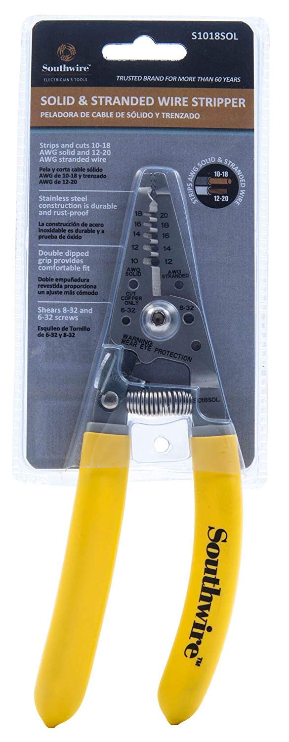  [AUSTRALIA] - Southwire - 58278040 S1018SOL Wire Stripper and Cutter for Stranded and Solid Copper Wire, Strips 10-18 AWG Solid, Strips 12-20 AWG Stranded, Features Wire Bending Hole & Screw Shearing Holes Solid and Stranded Wire Stripper