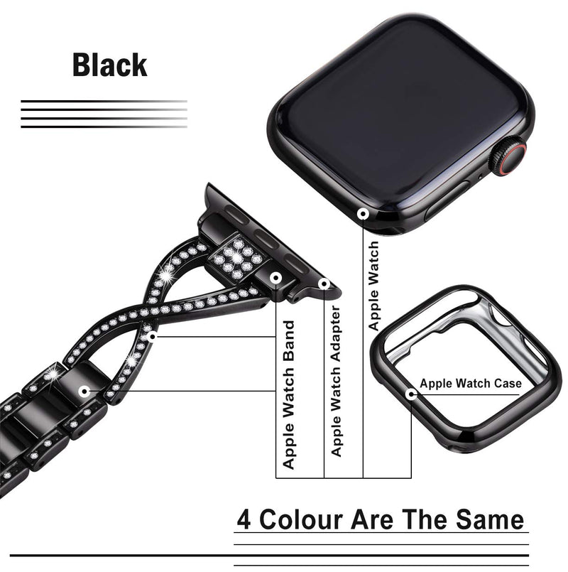  [AUSTRALIA] - JFdragon Watch Bands Compatible with Apple Watch 38mm 40mm 41mm 42mm 44mm 45mm SE Series 7 6 5 4 3 2 1 Women Jewelry Metal Strap with Bling Diamond Replacement Bracelet 38mm/40mm/41mm Black