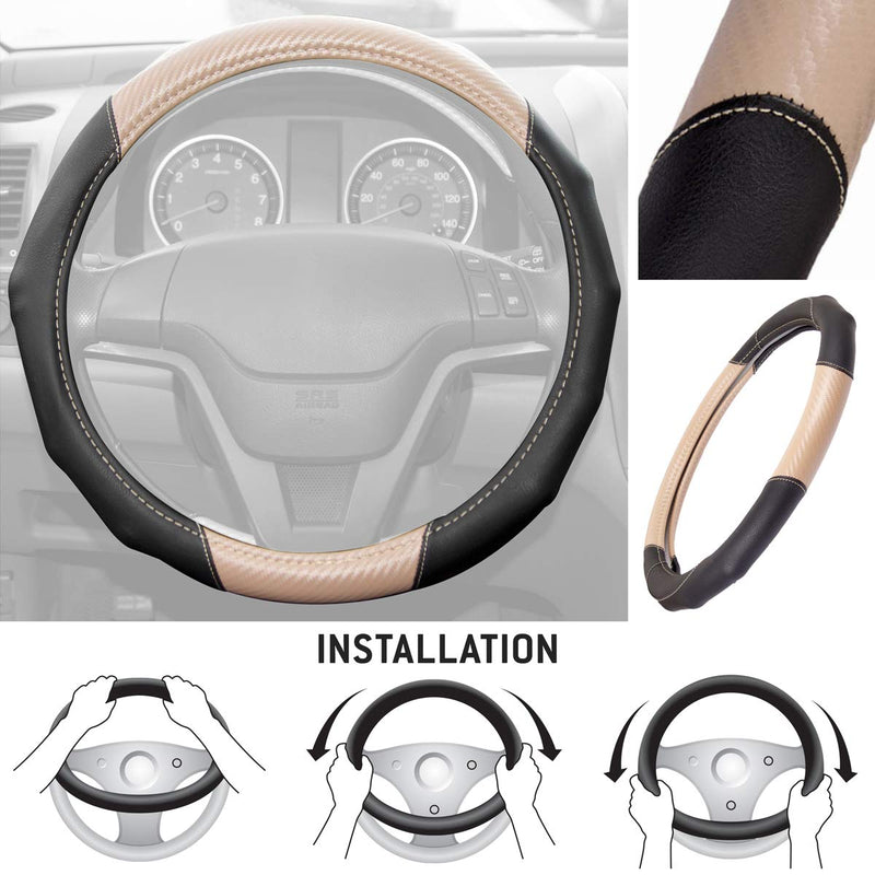 Motor Trend GripDrive Carbon Fiber Steering Wheel Cover – Universal Fit with Microfiber Leather for Steering Wheel Sizes 14.5 15 15.5 inches (Carbon Fiber + Beige) Carbon Fiber + Beige - LeoForward Australia