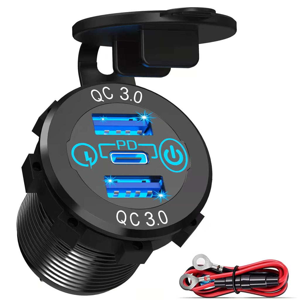  [AUSTRALIA] - 12v USB C Car Charger Socket - 12v USB Outlet Aluminum Metal 20W PD Type-C and 18W QC3.0 Multi Car USB Ports with Touch Switch Car Outlet Waterproof for Car Boat Marine RV Golf Cart Motorcycle