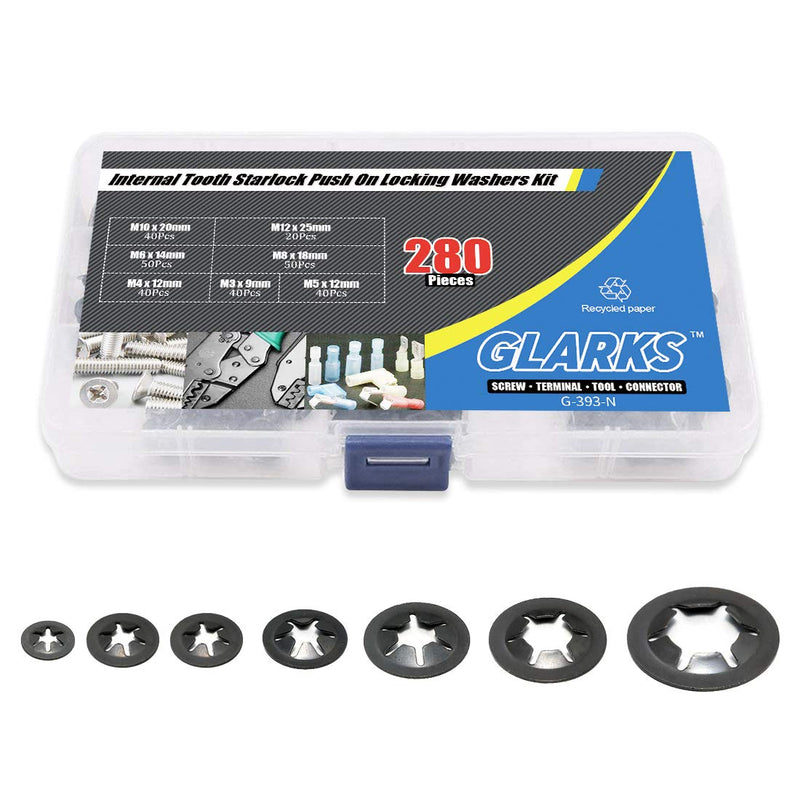  [AUSTRALIA] - Glarks 280Pcs Internal Tooth Starlock Push On Locking Washers Speed Clips Fasteners Assortment Kit
