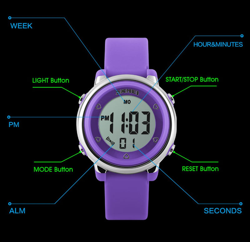 Kid Watch Multi Function 50M Waterproof Sport LED Alarm Stopwatch Digital Child Wristwatch for Boy Girl Purple - LeoForward Australia