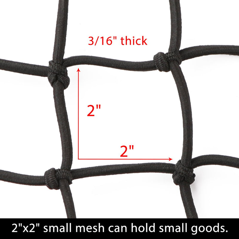  [AUSTRALIA] - CZC AUTO 15"x15" Black Latex Bungee Cargo Net Strech to 30"x30", Gear Helmet Luggage Netting with 2"X2" Small Mesh and 6 Adjustable Plastic Hooks, for Motorcycle Bike Paddleboard Quad Canoe Moped ATV 1