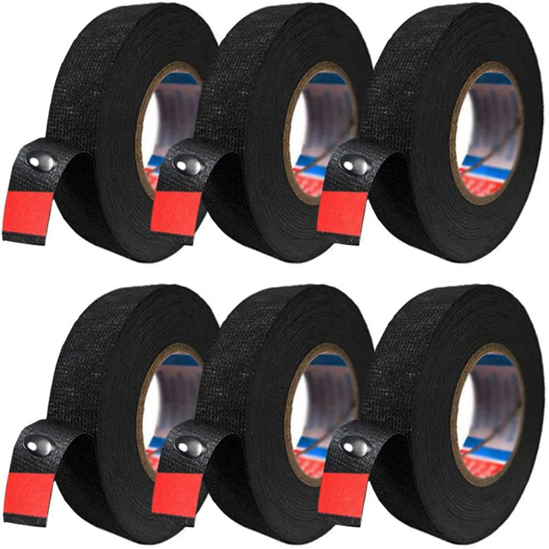  [AUSTRALIA] - Seigun,6 Rolls Wire Loom Harness Tape, High Adhesive Force Wiring Harness,Black Adhesive Fabric Tape, Automobile Electrical Wire harnessing Noise Dampening Heat Proof （19mm X 15m