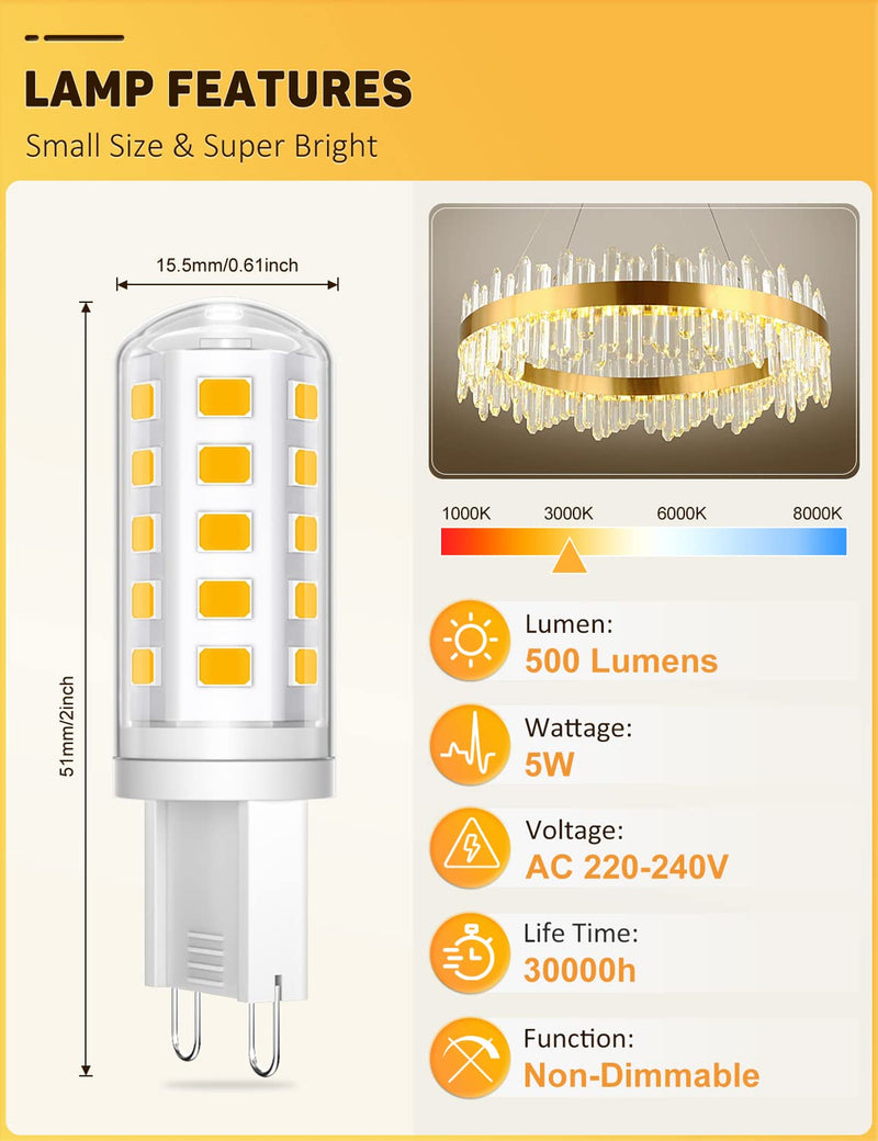  [AUSTRALIA] - Wonkelly G9 LED lamps warm white, 5W, 500LM, 3000K, replacement for 50W halogen lamp, G9 LED bulb, not dimmable, no flicker, 360° beam angle, AC 220-240V, energy-saving light bulb-5 pieces warm white