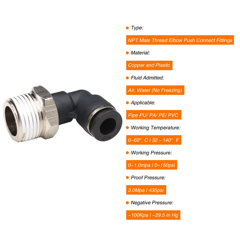  [AUSTRALIA] - CEKER 1/2 Elbow Male Airlines Push Fittings 90 Degree Push to Connect Fittings Air Fittings, PL 1/4" Od x 1/2" Npt Thread Pneumatic Push In Connectors Quick Connect Tube Fittings 5Packs 1/4" OD X 1/2" MNPT 5