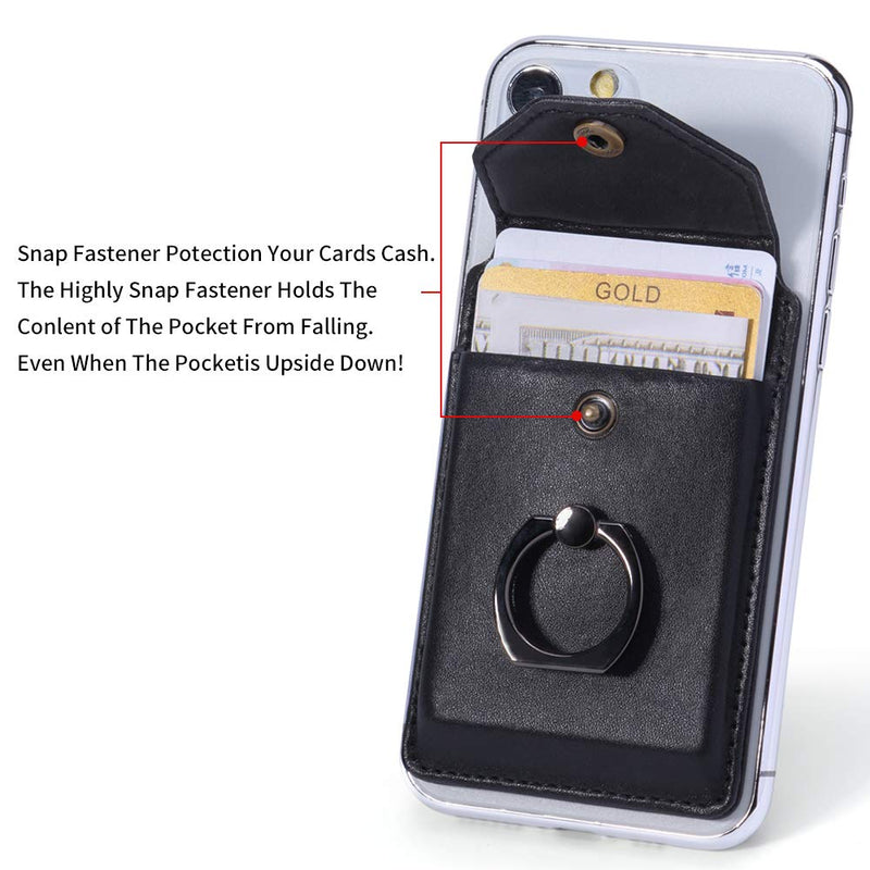 YUNCE Ring Stand Stick on Wallet Cell Phone Slim Leather Wallet Stick on Wallet Credit Card RFID Blocking Sleeve Black - LeoForward Australia