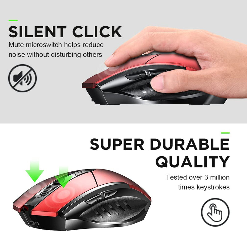  [AUSTRALIA] - Bluetooth Mouse, Inphic Rechargeable Wireless Mouse Multi-Device (Tri-Mode:BT 5.0/4.0+2.4Ghz) with Silent, 3 DPI Adjustment, Ergonomic Optical Portable Mouse for Laptop Android Windows Mac OS, Red