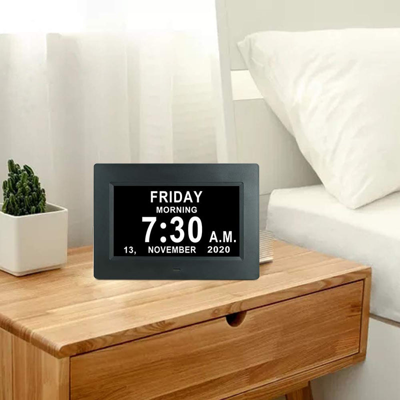  [AUSTRALIA] - 7 Inch Extra Large Day Date Time Digital Day Calendar Clock with Auto-Dimming 12 Alarm Reminders Dementia Clocks for Senior Elderly impaired Vision Memory Loss 7010 black
